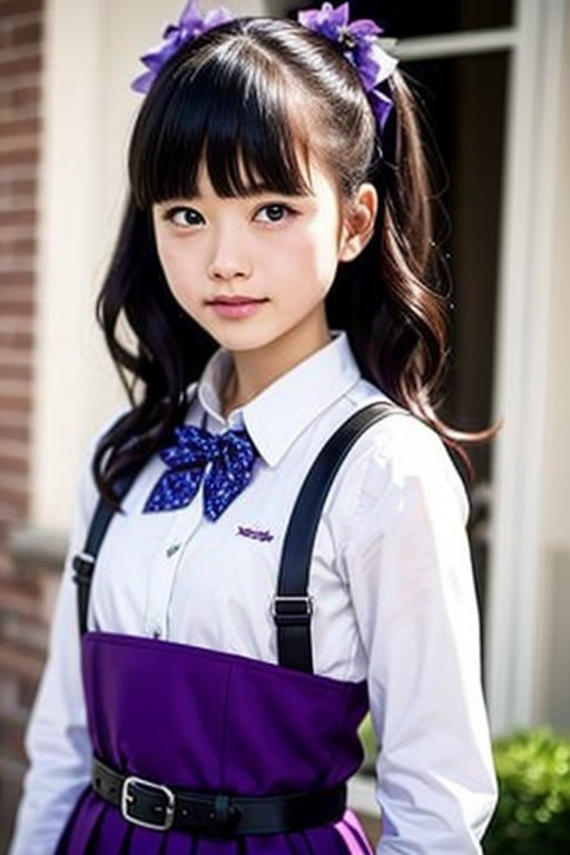 masutepiece, Best Quality, {Best Quality}, {{masutepiece}}, {hight resolution}, Illustration, 1girl in, Inoue Takina, Long hair, Bangs, Black hair, (Purple eyes:1.2), blush, Shirt, Long sleeves, Dress, bow ribbon, School uniform, White shirt, Collared shirt, Belt bag, Neck ribbon, Blue Dress, Green Ribbon, pleated dress, grey dress, two-tone dress, Blue belt, Lycoris Uniform, Looking at Viewer