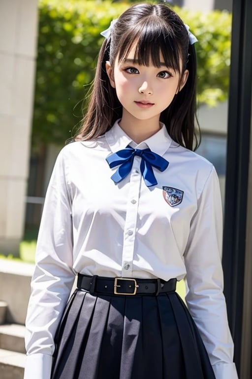 masutepiece, Best Quality, {Best Quality}, {{masutepiece}}, {hight resolution}, Illustration, 1girl in, Inoue Takina, Long hair, Bangs, Black hair, (Purple eyes:1.2), blush, Shirt, Long sleeves, Dress, bow ribbon, School uniform, White shirt, Collared shirt, Belt bag, Neck ribbon, Blue Dress, Green Ribbon, pleated dress, grey dress, two-tone dress, Blue belt, Lycoris Uniform, Looking at Viewer