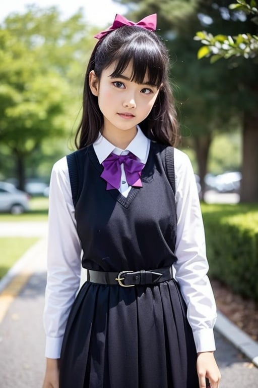 masutepiece, Best Quality, {Best Quality}, {{masutepiece}}, {hight resolution}, Illustration, 1girl in, Inoue Takina, Long hair, Bangs, Black hair, (Purple eyes:1.2), blush, Shirt, Long sleeves, Dress, bow ribbon, School uniform, White shirt, Collared shirt, Belt bag, Neck ribbon, Blue Dress, Green Ribbon, pleated dress, grey dress, two-tone dress, Blue belt, Lycoris Uniform, Looking at Viewer