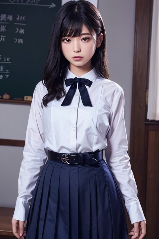 masutepiece, Best Quality, {Best Quality}, {{masutepiece}}, {hight resolution}, Illustration, 1girl in, Inoue Takina, Long hair, Bangs, Black hair, (Purple eyes:1.2), blush, Shirt, Long sleeves, Dress, bow ribbon, School uniform, White shirt, Collared shirt, Belt bag, Neck ribbon, Blue Dress, Green Ribbon, pleated dress, grey dress, two-tone dress, Blue belt, Lycoris Uniform, Looking at Viewer