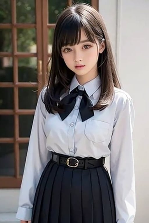 masutepiece, Best Quality, {Best Quality}, {{masutepiece}}, {hight resolution}, Illustration, 1girl in, Inoue Takina, Long hair, Bangs, Black hair, (Purple eyes:1.2), blush, Shirt, Long sleeves, Dress, bow ribbon, School uniform, White shirt, Collared shirt, Belt bag, Neck ribbon, Blue Dress, Green Ribbon, pleated dress, grey dress, two-tone dress, Blue belt, Lycoris Uniform, Looking at Viewer