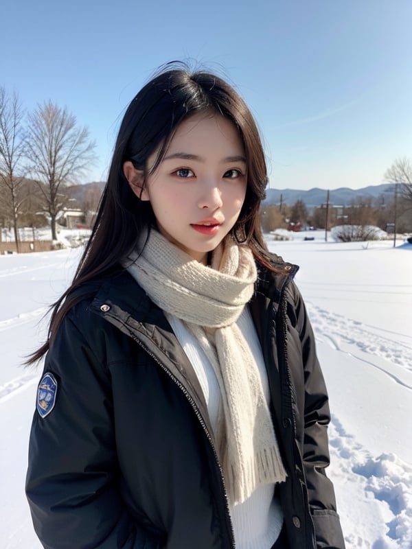 A beautiful little sister, wearing a down jacket, wearing a scarf, the sky with snow