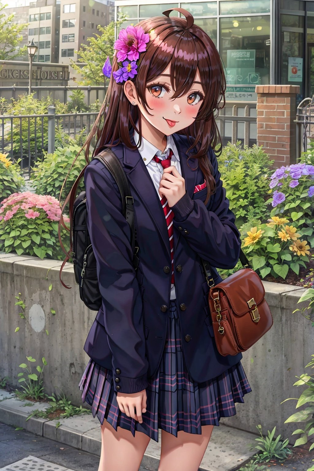 bag, tongue out, tongue, school bag, 1girl, long hair, bag charm, plaid, plaid skirt, building, charm \(object\), brown hair, skirt, shoulder bag, flower, cityscape, looking at viewer, hair ornament, very long hair, ahoge, hair flower, city, sleeves past wrists, :p, jacket, solo, shirt, school uniform, bangs, blush, skyscraper, hair between eyes