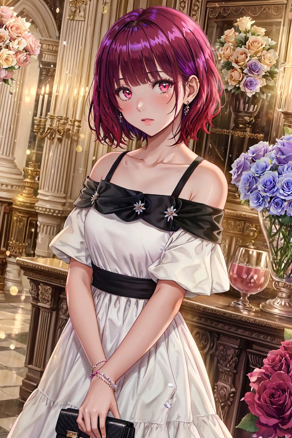 flower, rose, 1girl, red hair, pink rose, white rose, solo, white flower, pink flower, off-shoulder dress, off shoulder, jewelry, bare shoulders, purple flower, purple rose, red eyes, dress, white dress, looking at viewer, red rose, short hair, red flower, black rose, bangs