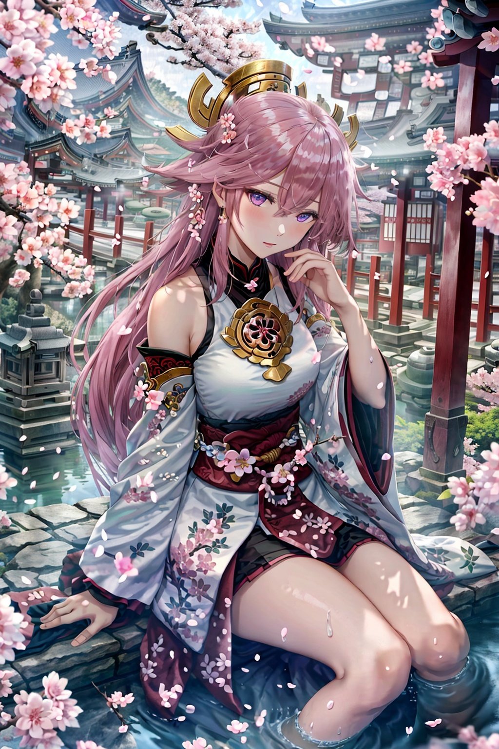 cherry blossoms, flower, east asian architecture, architecture, pink flower, long hair, 1girl, branch, bridge, petals, sitting, solo, water, yae sakura, purple eyes, looking at viewer, white flower, building, tree, pagoda, very long hair