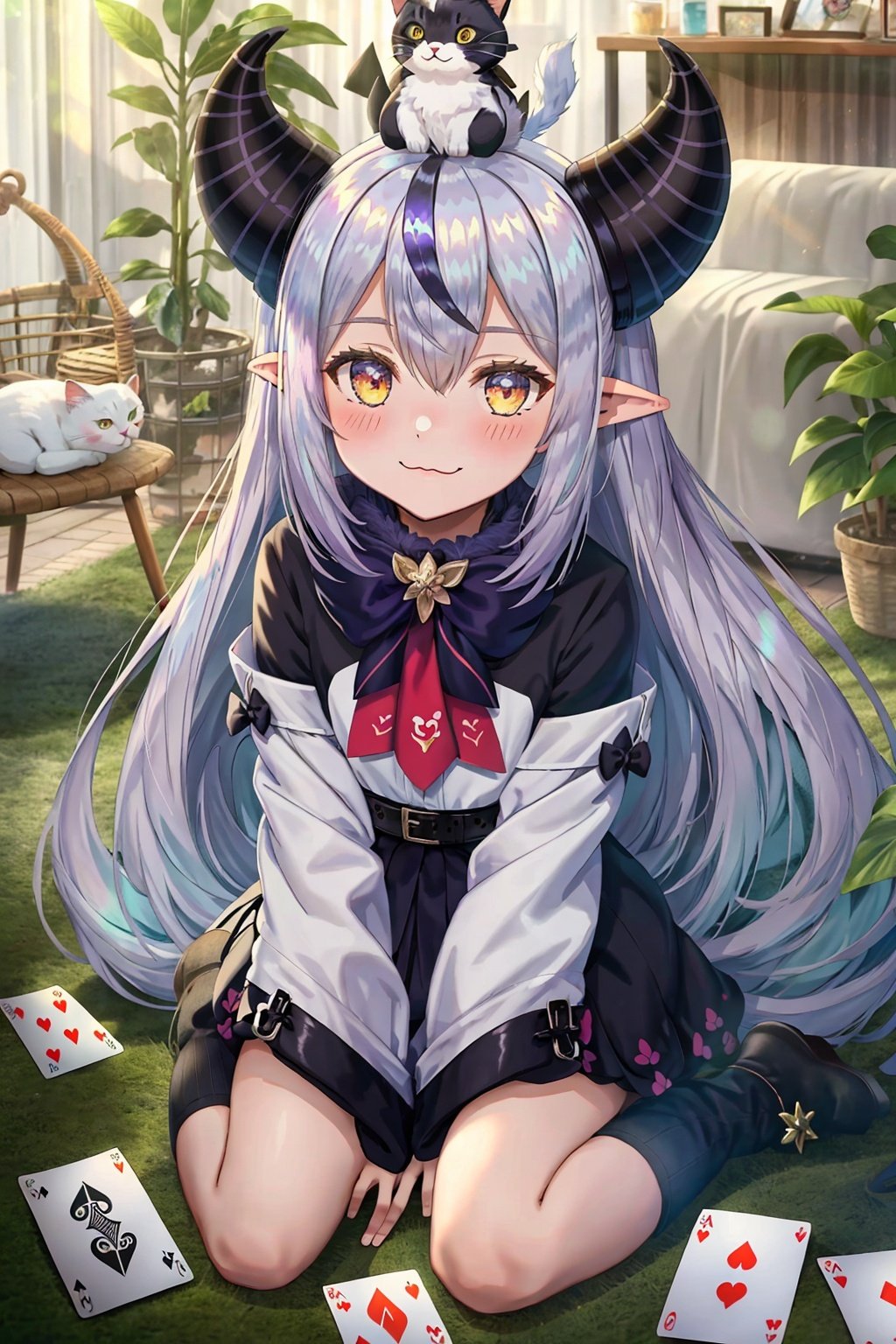  pointy ears, card, virtual youtuber, 1girl, animal on head, on head, animal, long hair, sleeves past wrists, playing card, sleeves past fingers, smile, very long hair, blush, bird, looking at viewer, cat on head, :3, hair between eyes, sitting