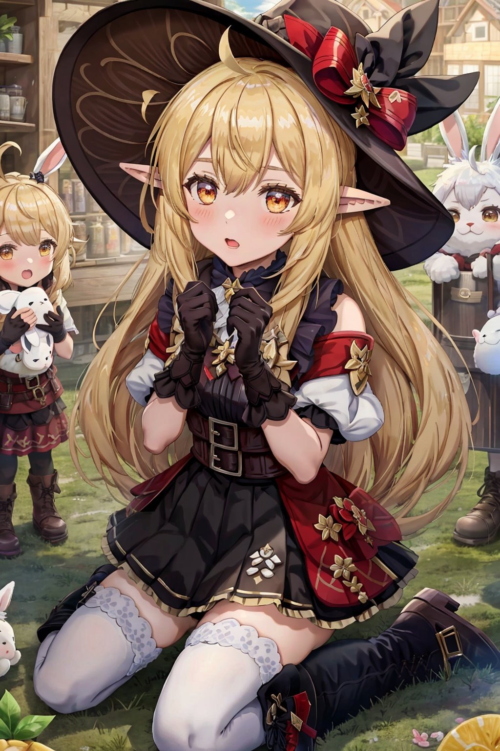  pointy ears, virtual youtuber, elf, klee \(genshin impact\), gloves, bunny, hat, animal ears, ahoge, solo focus, wariza, blonde hair, multiple girls, thighhighs, long hair, red headwear, boots, dress, rabbit ears