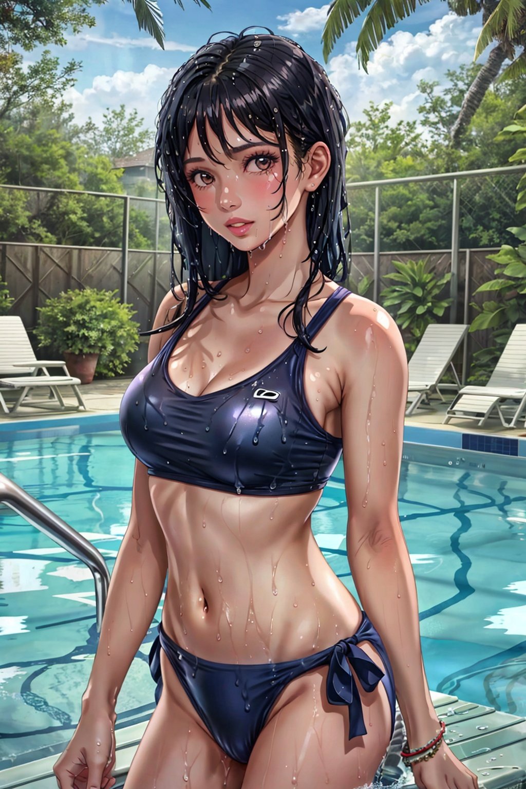  1girl, water, solo, breasts, wet, swimsuit, navel, lips, black hair, day, wet hair, outdoors, tree, pool, long hair, realistic, looking at viewer, medium breasts, photorealistic, UHD, anatomically correct, high details, best quality, 16k