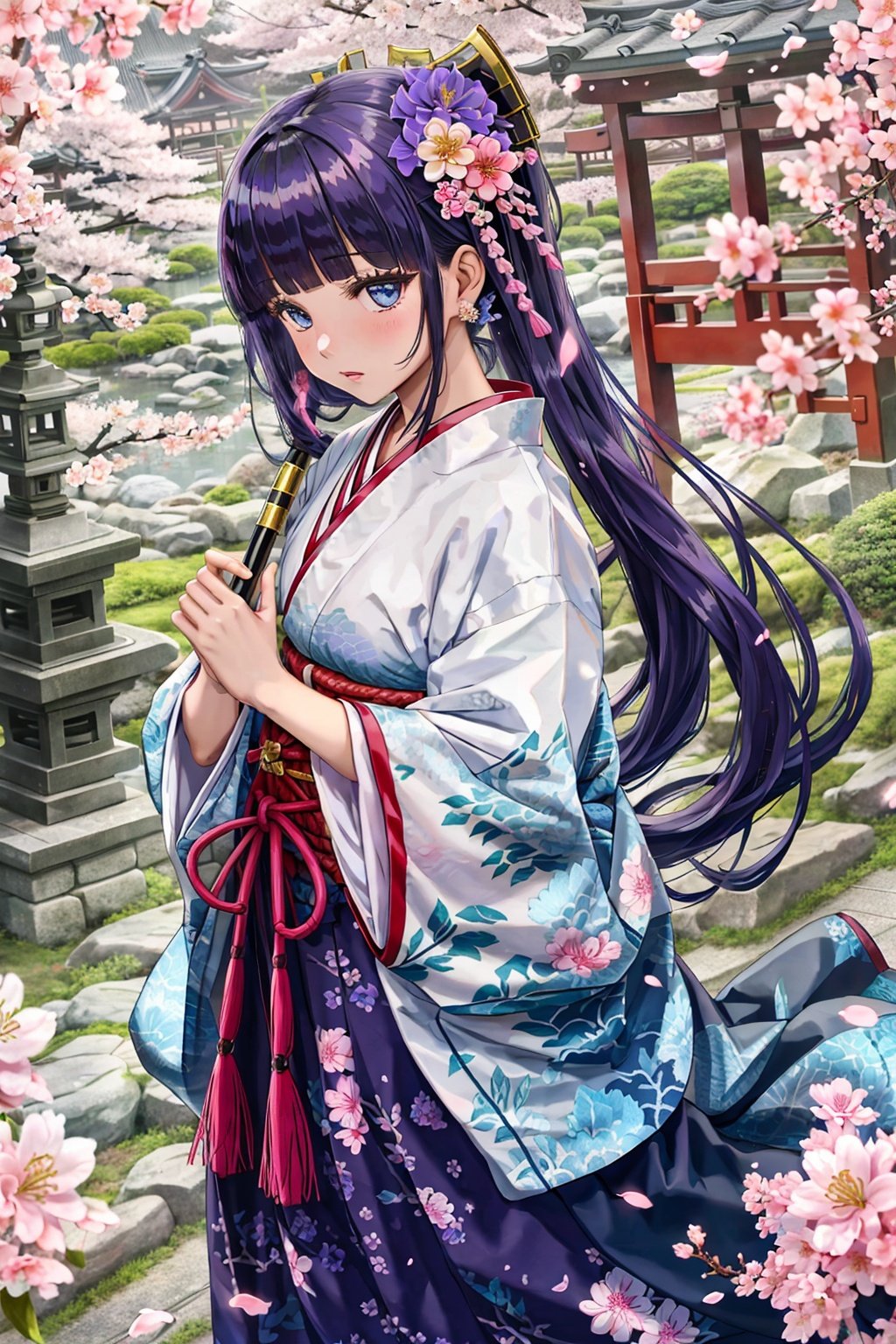 cherry blossoms, flower, branch, white flower, 1girl, pink flower, long hair, solo, petals, hair ornament, bangs, lily \(flower\), floral print, spring \(season\), very long hair, japanese clothes, blue eyes, vase, blunt bangs, hakama skirt