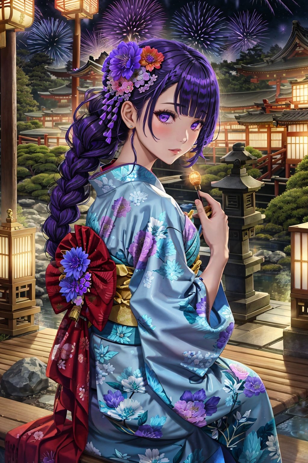  fireworks, braid, japanese clothes, kimono, hair ornament, 1girl, single braid, long hair, night, floral print, nail polish, aerial fireworks, looking at viewer, purple hair, flower, purple eyes, braided ponytail, hair flower, purple nails, night sky, east asian architecture, print kimono