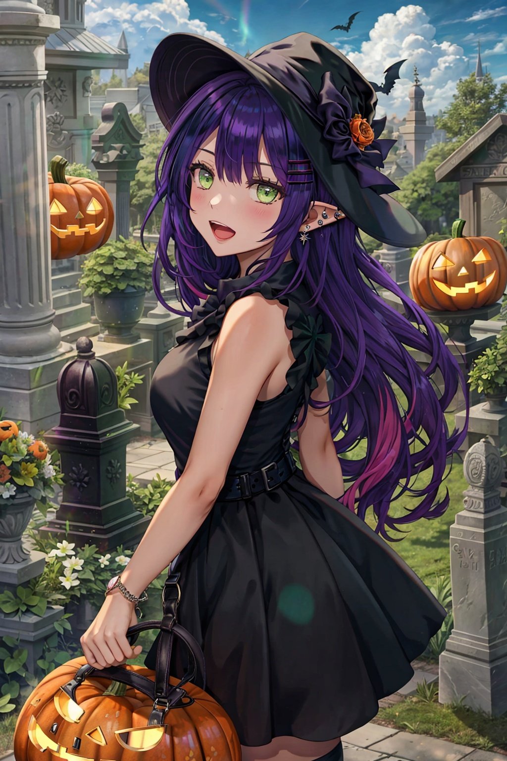  Halloween, jack-o'-lantern, bat, bat, Tombstone, Best quality, 8k, virtual youtuber, tokoyami towa, green eyes, hat, pointy ears, hair ornament, purple hair, looking at viewer, piercing, outdoors, sky, open mouth, long hair, 1girl, cloud, multicolored hair, hairclip, pink hair