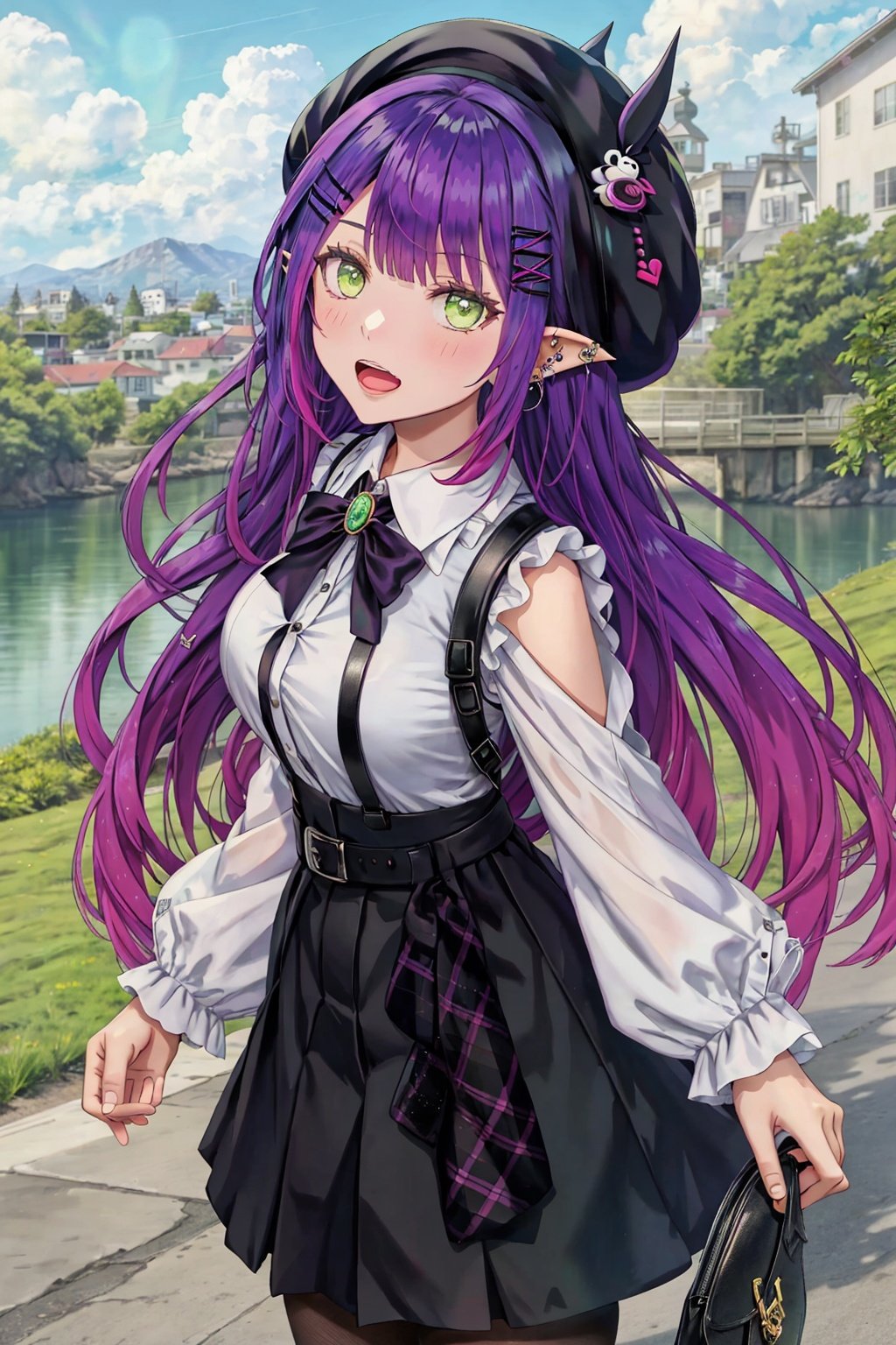 virtual youtuber, tokoyami towa, green eyes, hat, pointy ears, hair ornament, purple hair, looking at viewer, piercing, outdoors, sky, open mouth, long hair, 1girl, cloud, multicolored hair, hairclip, pink hair