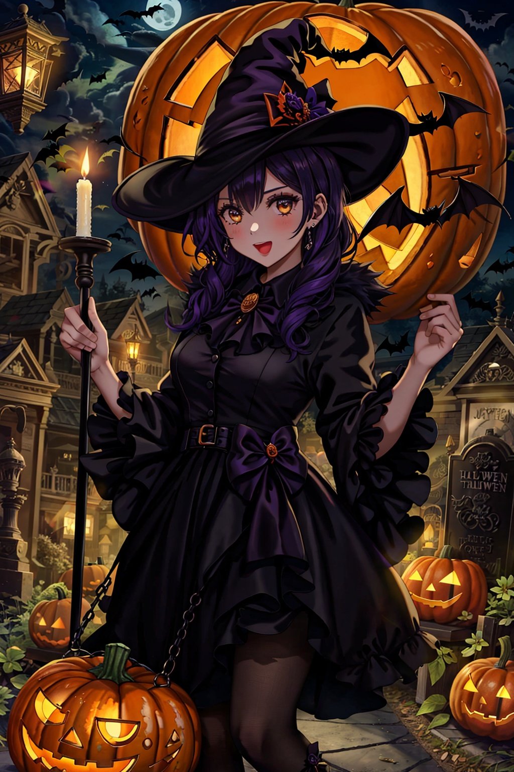 1girl, Lots of sweets, Witch., Halloween, jack-o'-lantern, bat, bat, Tombstone, Best quality, 8k