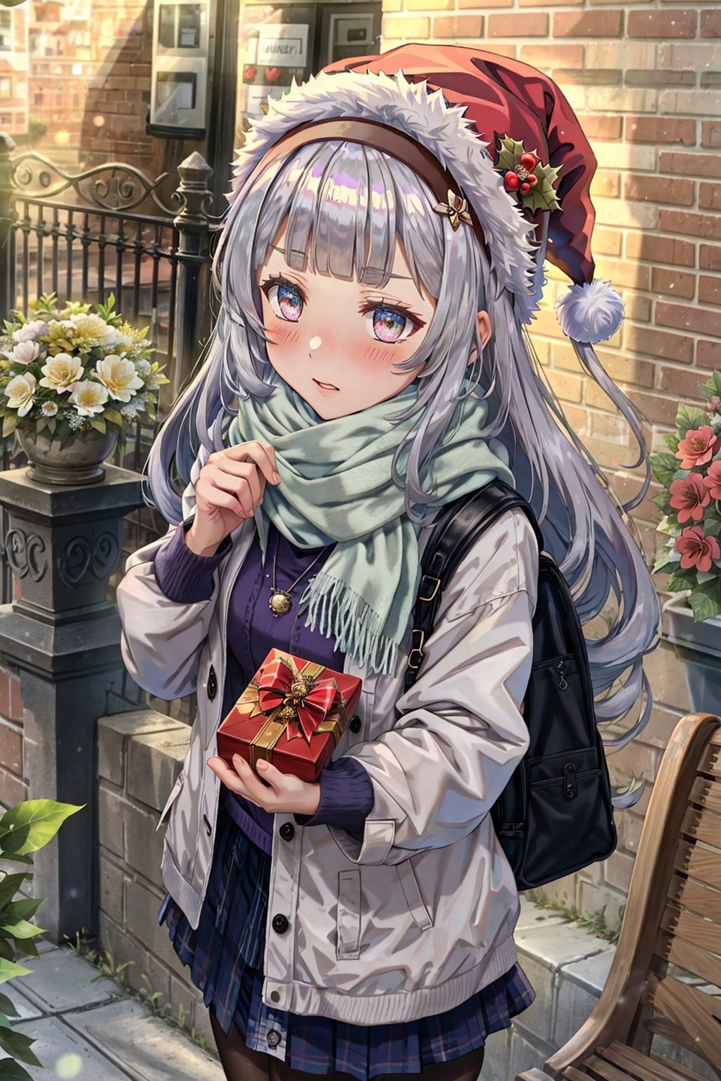 Christmas, apple, Gift box, Pendant decoration, Christmas hat, Santa Claus,hair bun, virtual youtuber, murasaki shion, gift, incoming gift, scarf, valentine, side bun, flower, heart-shaped box, 1girl, gift box, holding gift, giving, pink scarf, long hair, bouquet, blush, alternate costume, box, blunt bangs, silver hair, cityscape, hairband, city, hair ornament, long sleeves, chocolate, brick wall, building, solo