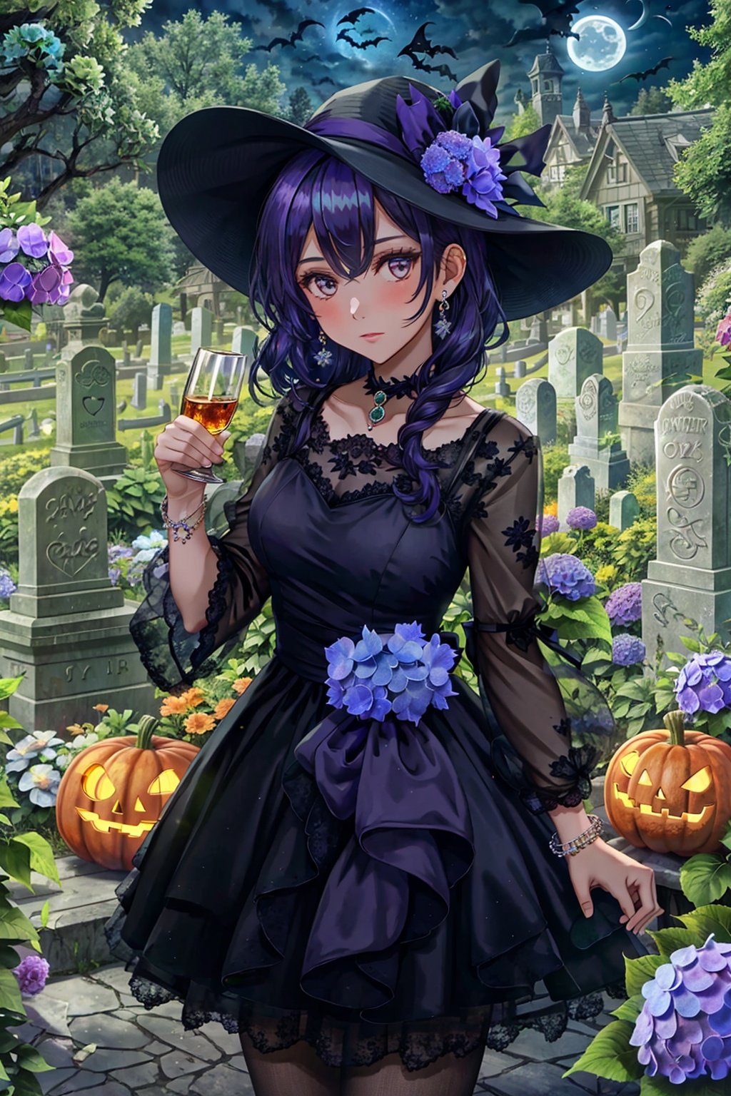  flower, 1girl, jewelry, hydrangea, dress, cup, hat, bracelet, drinking glass, umbrella, ribbon, looking at viewer, tree,Fence,tombstone,monster,Bats,full moon,Pumpkin lantern