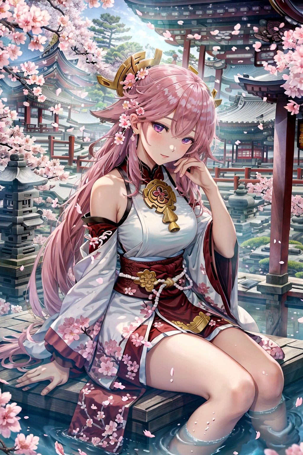  cherry blossoms, flower, east asian architecture, architecture, pink flower, long hair, 1girl, branch, bridge, petals, sitting, solo, water, yae sakura, purple eyes, looking at viewer, white flower, building, tree, pagoda, very long hair