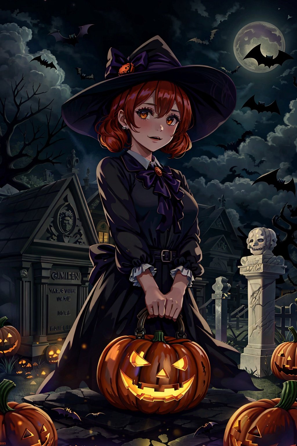 1girl, Halloween, jack-o'-lantern, bat, bat, Tombstone, Best quality, 8k