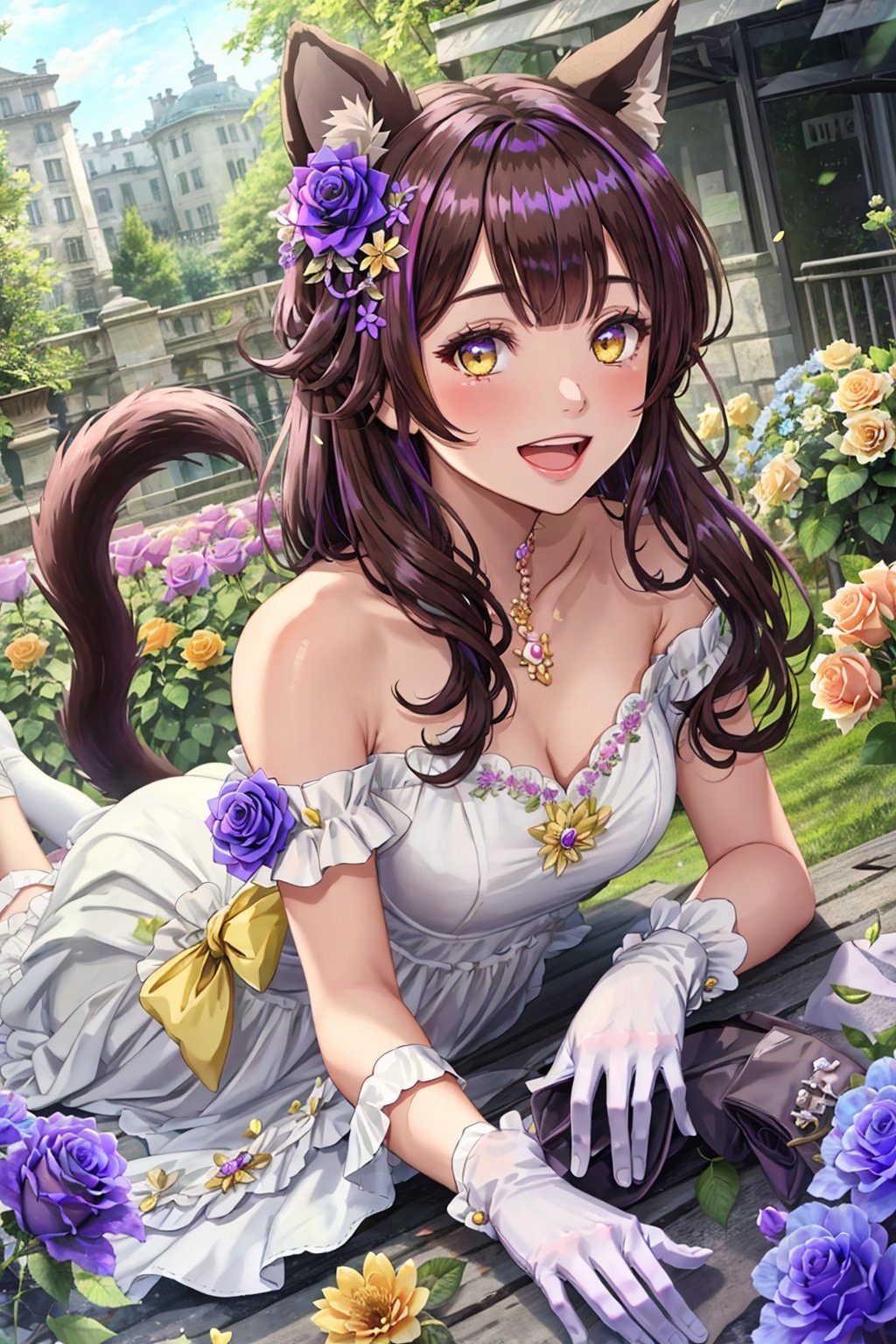 flower, pink flower, pink rose, rose, purple rose, hair flower, on stomach, purple flower, 1girl, hair ornament, dress, gloves, brown hair, long hair, yellow rose, yellow flower, smile, white rose, building, tail, bare shoulders, bangs, looking at viewer, solo, white flower, animal ears, open mouth