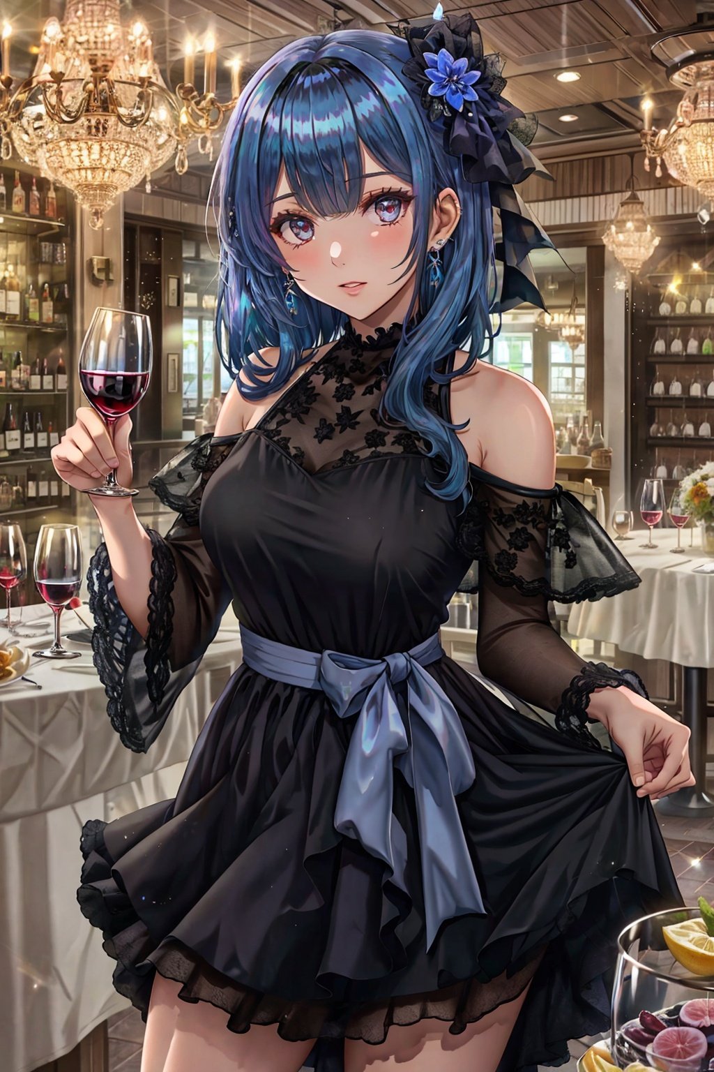 skirt hold, dress, drinking glass, cup, 1girl, lifted by self, breasts, clothes lift, looking at viewer, wine glass, hair ornament, jewelry, blue hair, black dress, bangs, bare shoulders, long hair