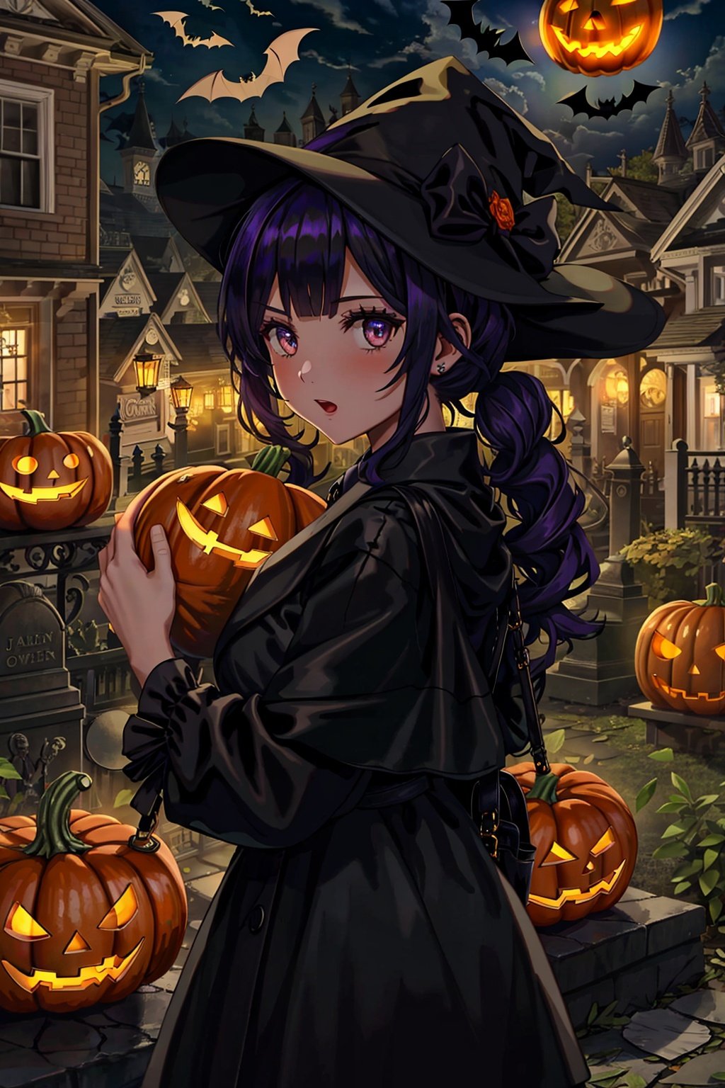  1girl, Halloween, jack-o'-lantern, bat, bat, Tombstone, Best quality, 8k