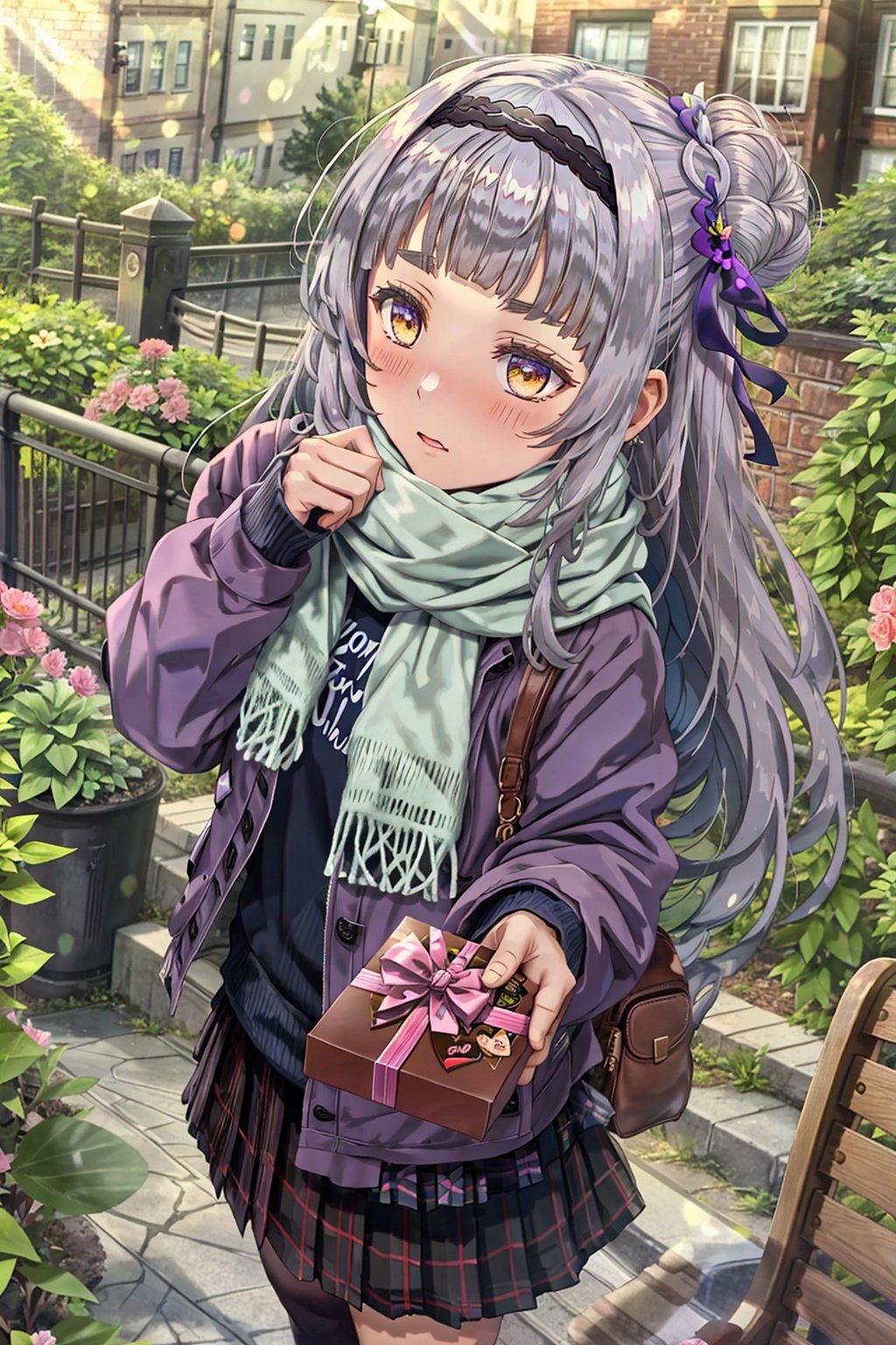 hair bun, virtual youtuber, murasaki shion, gift, incoming gift, scarf, valentine, side bun, flower, heart-shaped box, 1girl, gift box, holding gift, giving, pink scarf, long hair, bouquet, blush, alternate costume, box, blunt bangs, silver hair, cityscape, hairband, city, hair ornament, long sleeves, chocolate, brick wall, building, solo