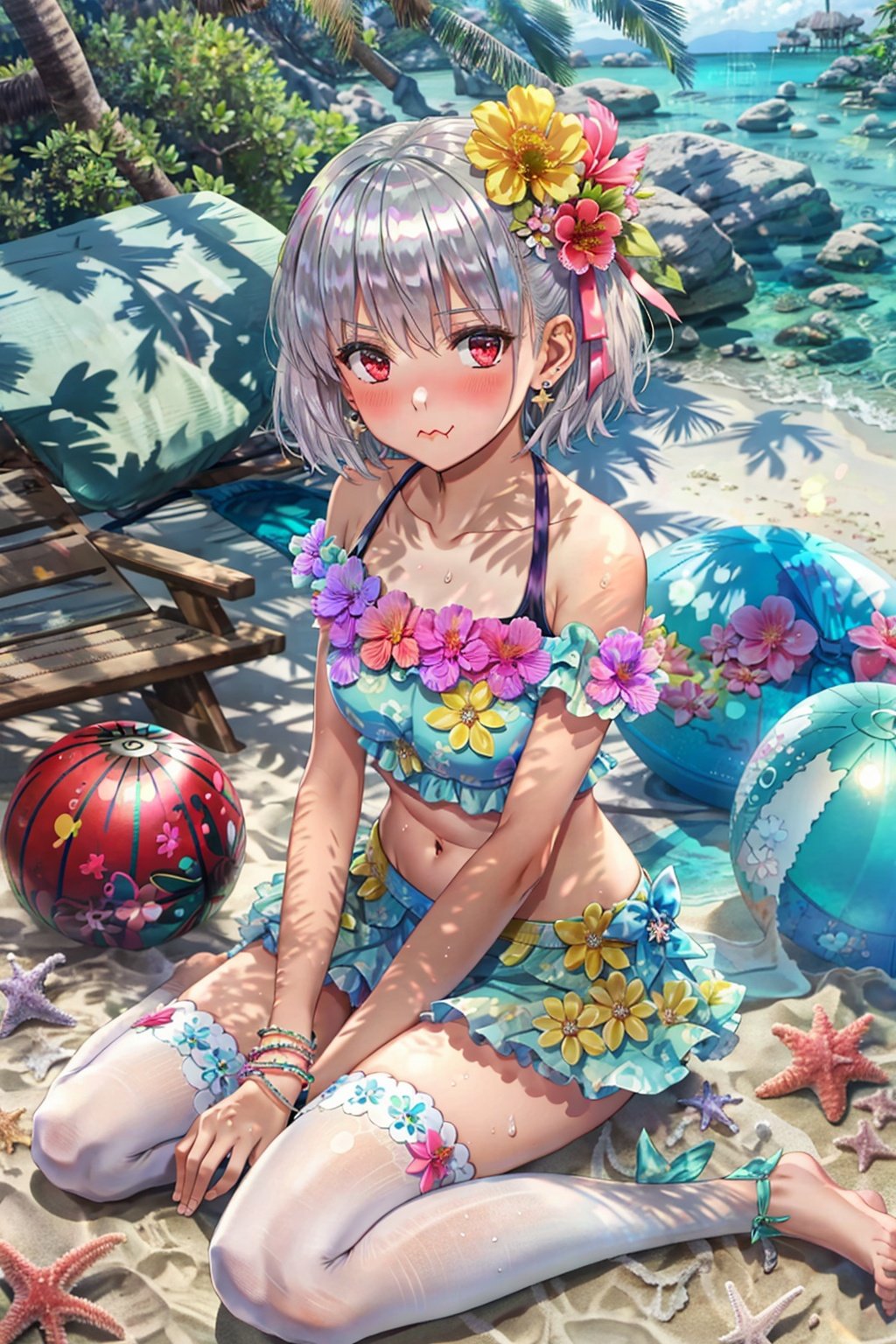 jewelry, earrings, 1girl, flower, kama \(fate\), short hair, hair ornament, palm tree, tree, collarbone, thighhighs, hair flower, starfish, ball, star \(symbol\), pout, beachball, solo, silver hair, looking at viewer, blush, ribbon, coconut, beach, red eyes, :t, navel, water, outdoors, swimsuit