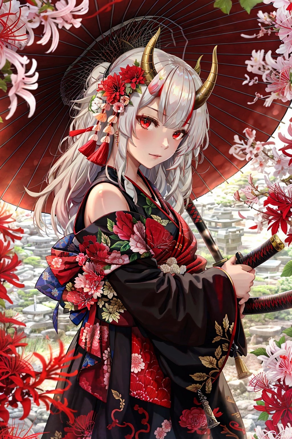 flower, horns, red flower, spider lily, virtual youtuber, 1girl, sword, red rose, nakiri ayame, katana, red eyes, camellia, oni horns, hair ornament, japanese clothes, umbrella, looking at viewer, solo, oil-paper umbrella, sheath, off shoulder, weapon, long hair, holding, kimono, oni, red hair