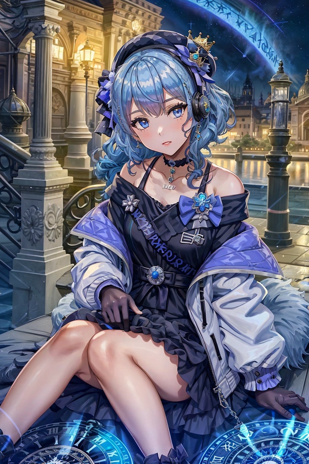  hoshimachi suisei, side ponytail, virtual youtuber, 1girl, hat, blue eyes, clock, choker, star \(symbol\), grey headwear, gloves, looking at viewer, jewelry, beret, magic circle, off shoulder, jacket, blue hair, bare shoulders, roman numeral, star in eye, solo, crown