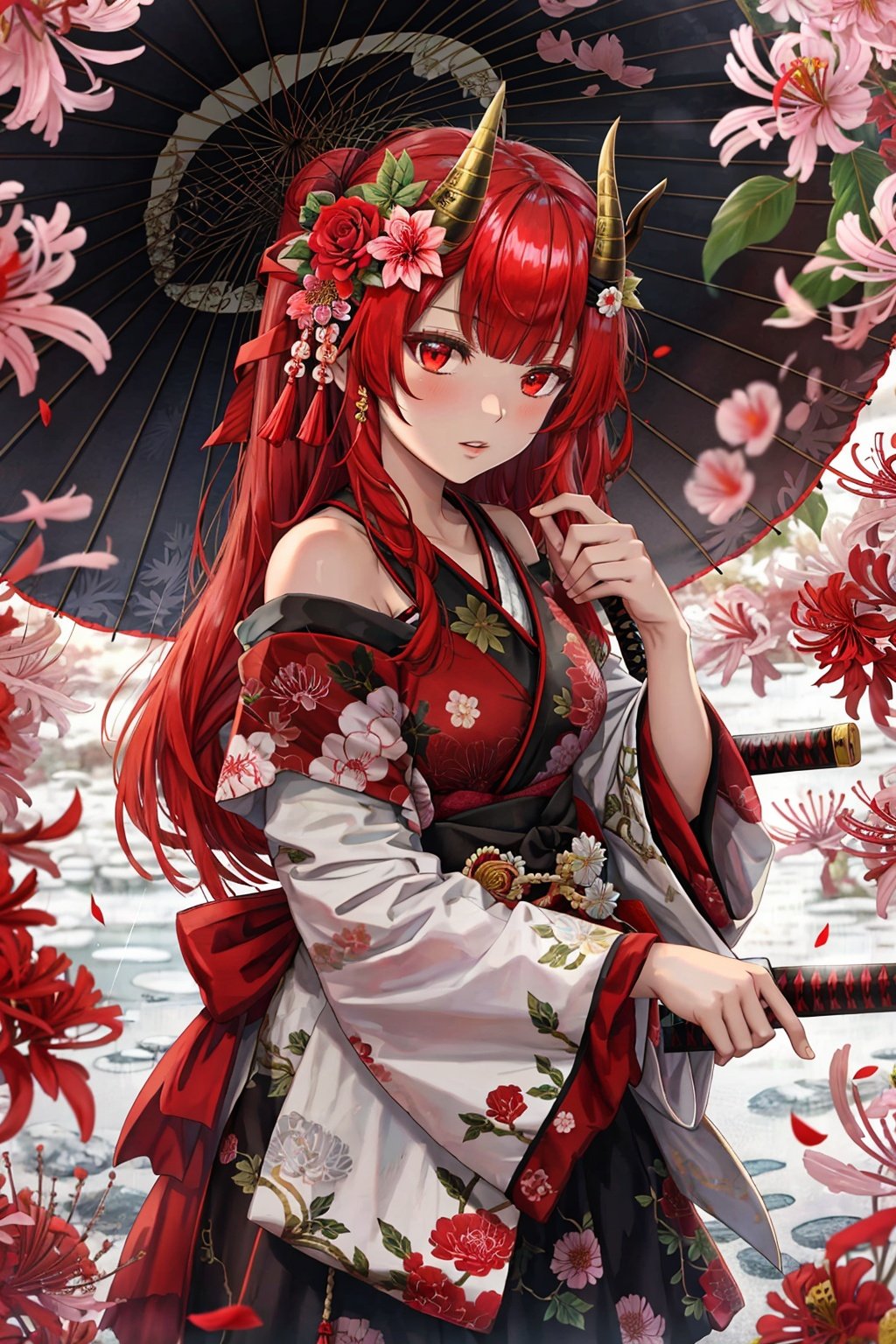 flower, red flower, spider lily, horns, 1girl, red rose, red eyes, sword, virtual youtuber, katana, nakiri ayame, camellia, umbrella, oni horns, hair ornament, oil-paper umbrella, solo, japanese clothes, sheath, looking at viewer, off shoulder, weapon, long hair, holding, double bun, holding sword, oni, parted lips, red hair, long sleeves, bare shoulders, mask, bangs