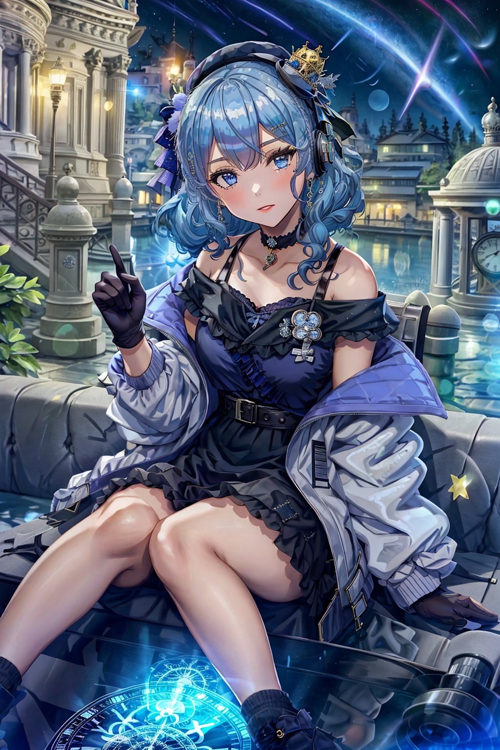 hoshimachi suisei, side ponytail, virtual youtuber, 1girl, hat, blue eyes, clock, choker, star \(symbol\), grey headwear, gloves, looking at viewer, jewelry, beret, magic circle, off shoulder, jacket, blue hair, bare shoulders, roman numeral, star in eye, solo, crown