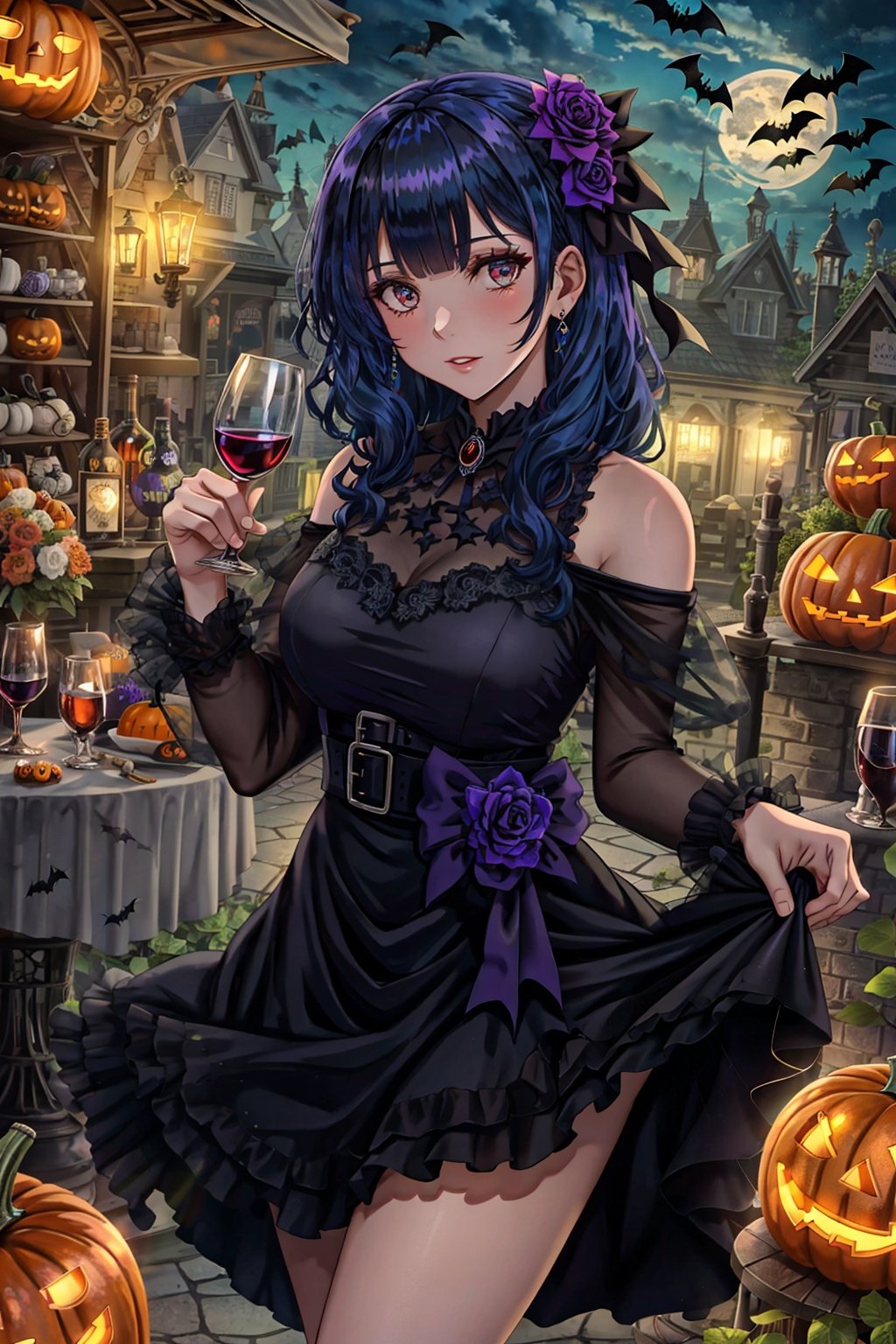  Halloween, jack-o'-lantern, bat, bat, Tombstone, Best quality, 8k,skirt hold, dress, drinking glass, cup, 1girl, lifted by self, breasts, clothes lift, looking at viewer, wine glass, hair ornament, jewelry, blue hair, black dress, bangs, bare shoulders, long hair