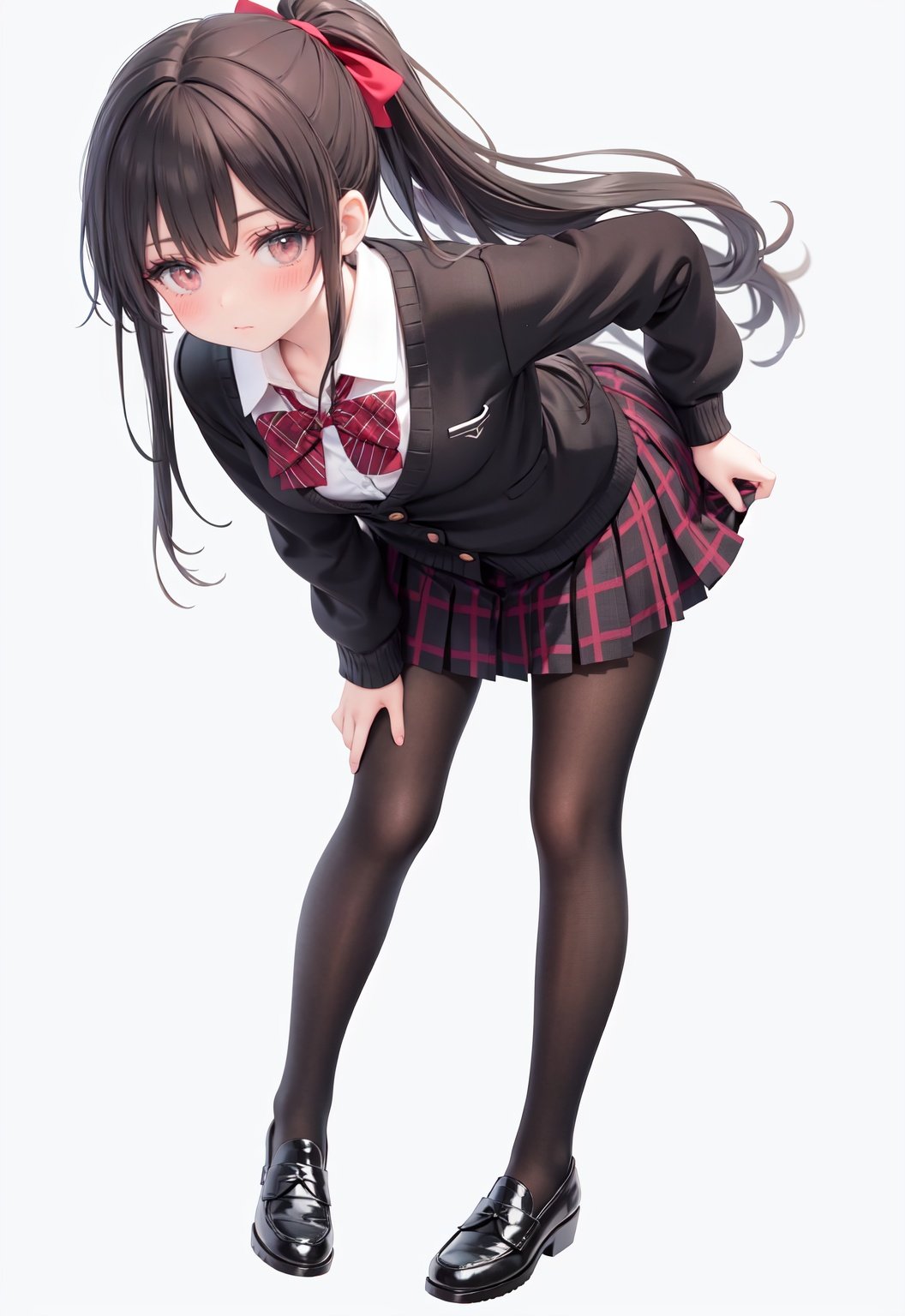  1girl, solo, pantyhose, skirt, long hair, loafers, shoes, simple background, school uniform, brown eyes, plaid, black pantyhose, plaid skirt, looking at viewer, black hair, pantyhose pull, full body, clothes pull, black footwear, pleated skirt, leaning forward, bangs, long sleeves, bent over, cardigan, bow, bowtie, standing, closed mouth, pulled by self, grey background, blush, miniskirt, red bow, sweater, undressing