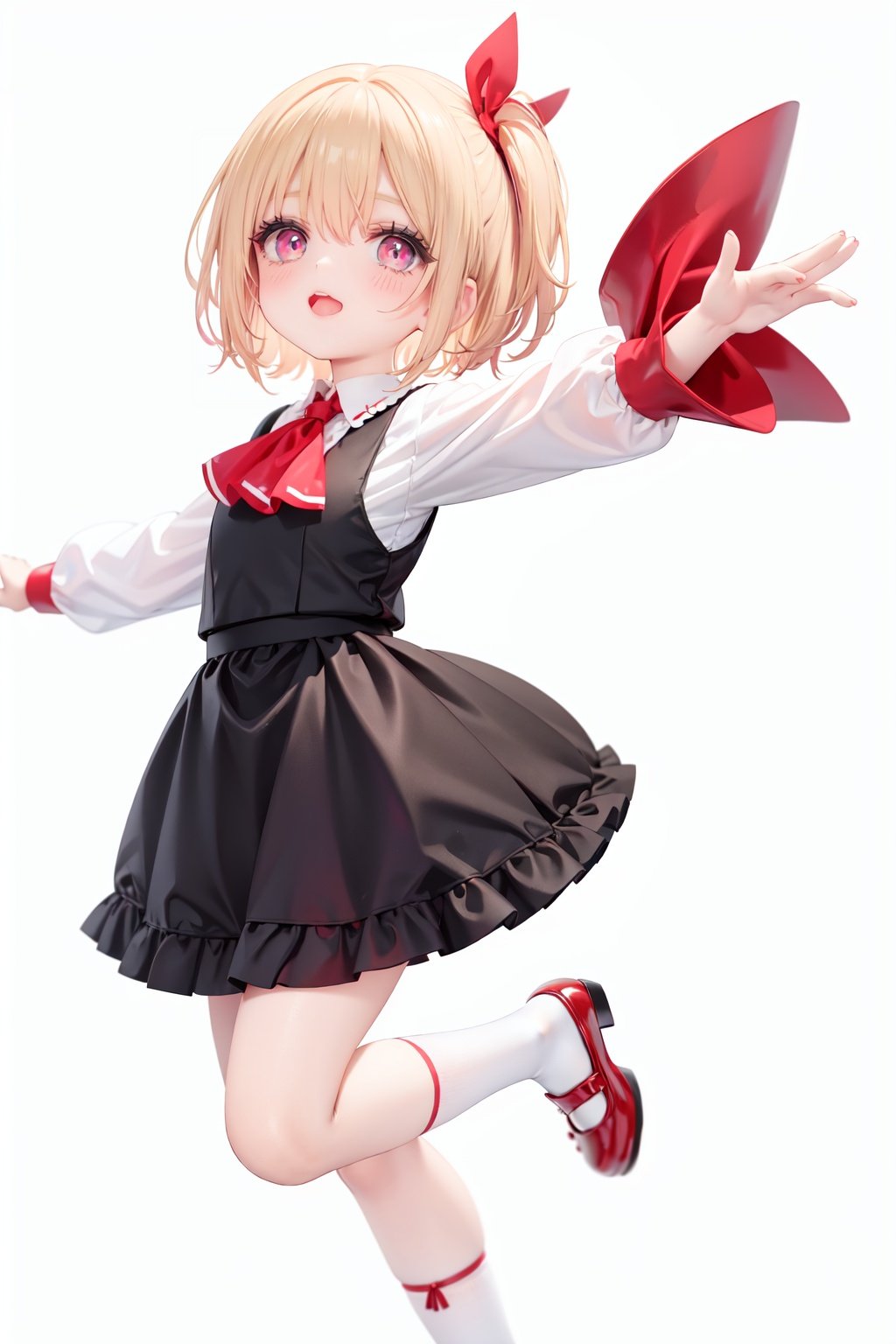  1girl, rumia, blonde hair, solo, white background, red eyes, red footwear, simple background, ascot, short hair, ribbon, open mouth, hair ribbon, smile, long sleeves, shirt, looking at viewer, red ascot, white socks, white shirt, red ribbon, shoes, socks, frills, bangs, outstretched arms, hair between eyes, skirt, :d, dress, vest, mary janes, black dress, black skirt, collared shirt, black vest, blush