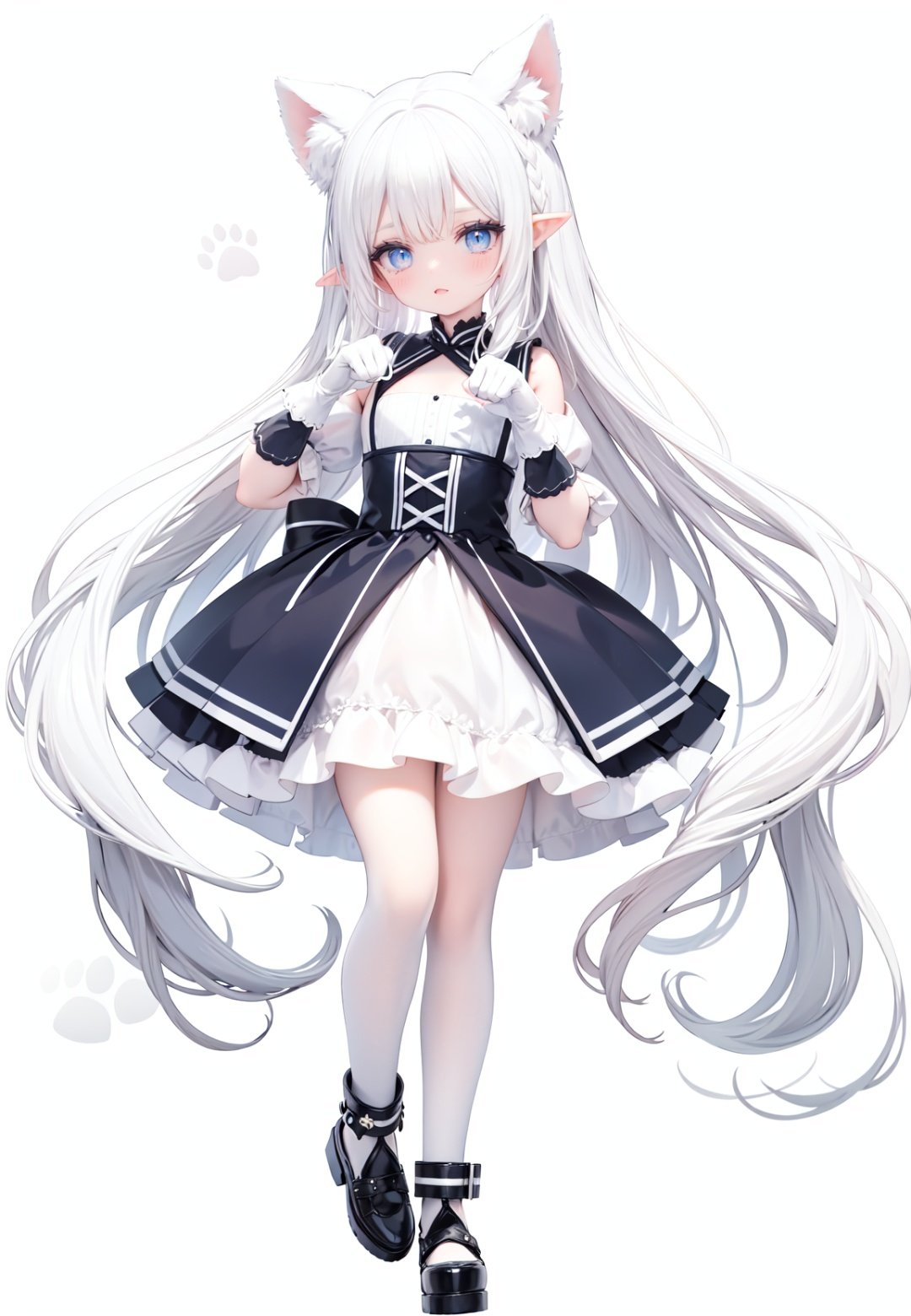  1girl, white_gloves, braid, full_body, gloves, long_hair, official_alternate_costume, pointy_ears, simple_background, solo, standing, very_long_hair, white_background, white hair, blue eyes, paw claw pose, open_mouth