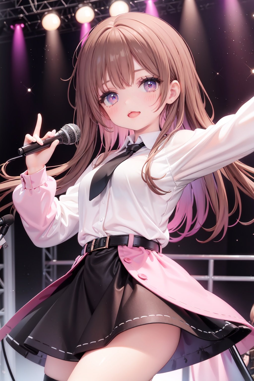  1girl, solo, microphone, smile, skirt, blush, brown eyes, long hair, open mouth, looking at viewer, brown hair, long sleeves, :d, shirt, bangs, belt, breasts, pink shirt, outstretched arm, music, black belt, medium breasts, holding microphone, singing