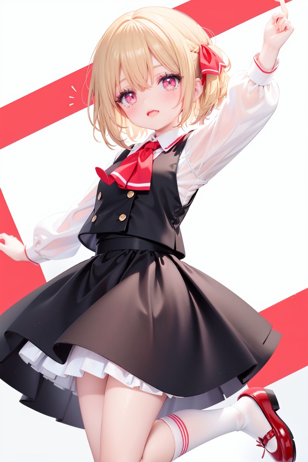  1girl, rumia, blonde hair, solo, white background, red eyes, red footwear, simple background, ascot, short hair, ribbon, open mouth, hair ribbon, smile, long sleeves, shirt, looking at viewer, red ascot, white socks, white shirt, red ribbon, shoes, socks, frills, bangs, outstretched arms, hair between eyes, skirt, :d, dress, vest, mary janes, black dress, black skirt, collared shirt, black vest, blush