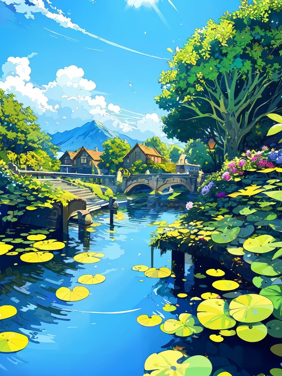 (((masterpiece))),((extremely detailed CG unity 8k wallpaper)),best quality,high resolution illustration,Amazing,highres,intricate detail,(best illumination, best shadow, an extremely delicate and beautiful),2D ConceptualDesign,scenery,lily pad,outdoors,sky,cloud,no humans,day,water,building,blue sky,tree,boat,watercraft,house,bridge,fantasy,<lora:CJ cation:0.8>,, (best quality, high quality, masterpiece,),