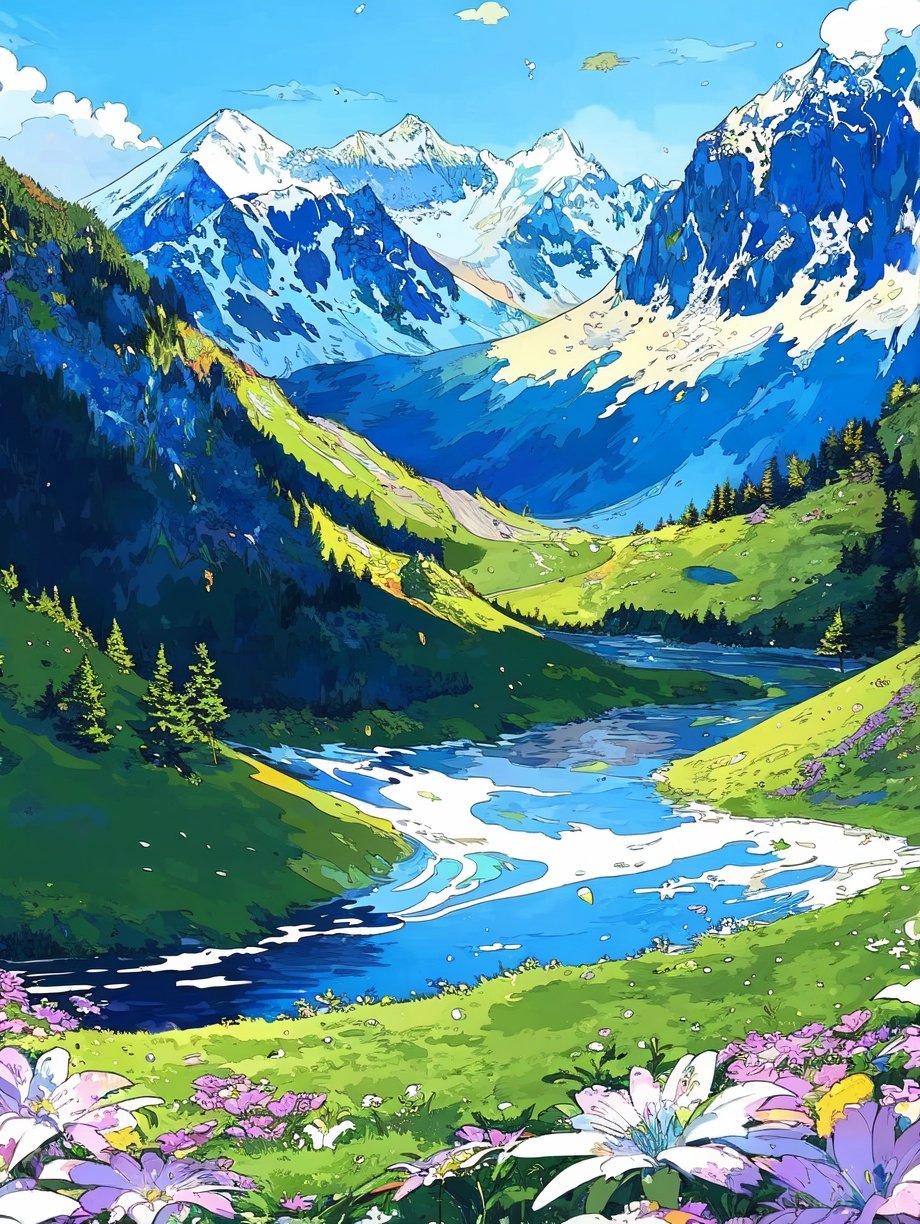 (best quality,masterpiece,fine detailed,),<lora:CJ cation:0.8>,dusk,mountain,green mountain,mountains in the distance,there are grass and green trees nearby,river,water,white clouds,colorful flowers,alien spacecraft,, (best quality, high quality, masterpiece,),