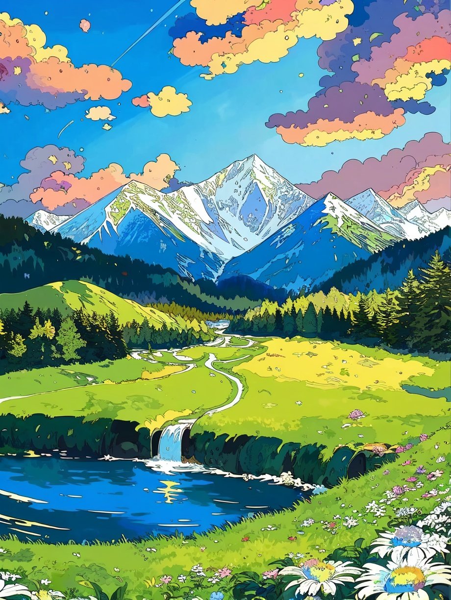 (best quality,masterpiece,fine detailed,),<lora:CJ cation:0.8>,dusk,mountain,green mountain,mountains in the distance,there are grass and green trees nearby,river,water,white clouds,colorful flowers,alien spacecraft,, (best quality, high quality, masterpiece,),