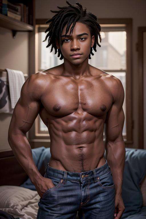 marshall_lee_fionna, 1boy, young man, 23 years old, dark skin, stubble, muscular, broad shoulders, short hair, black hair, dreadlocks, shirtless, looking at you, arrogant smirk, room, jeans, <lora:marshall_lee_fionna-30:0.6>