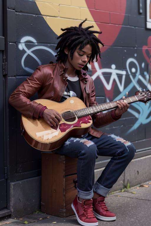marshall_lee_fionna, 1boy, young man, 23 years old, stubble, muscular, broad shoulders, short hair, black hair, dreadlocks, jacket, closed eyes, male focus, dark skin, instrument, red jacket, music, guitar, playing instrument,  acoustic guitar, street wall, graffiti <lora:marshall_lee_fionna-30:0.6>