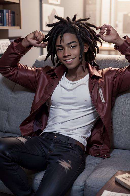 marshall_lee_fionna, muscular, large pectorals, broad shoulders,  shirt, black hair, red jacket, white shirt, upper body, dreadlocks, ponytail,, dark skin, smiling, building, couch, 1boy, young man, <lora:marshall_lee_fionna-30:0.6>