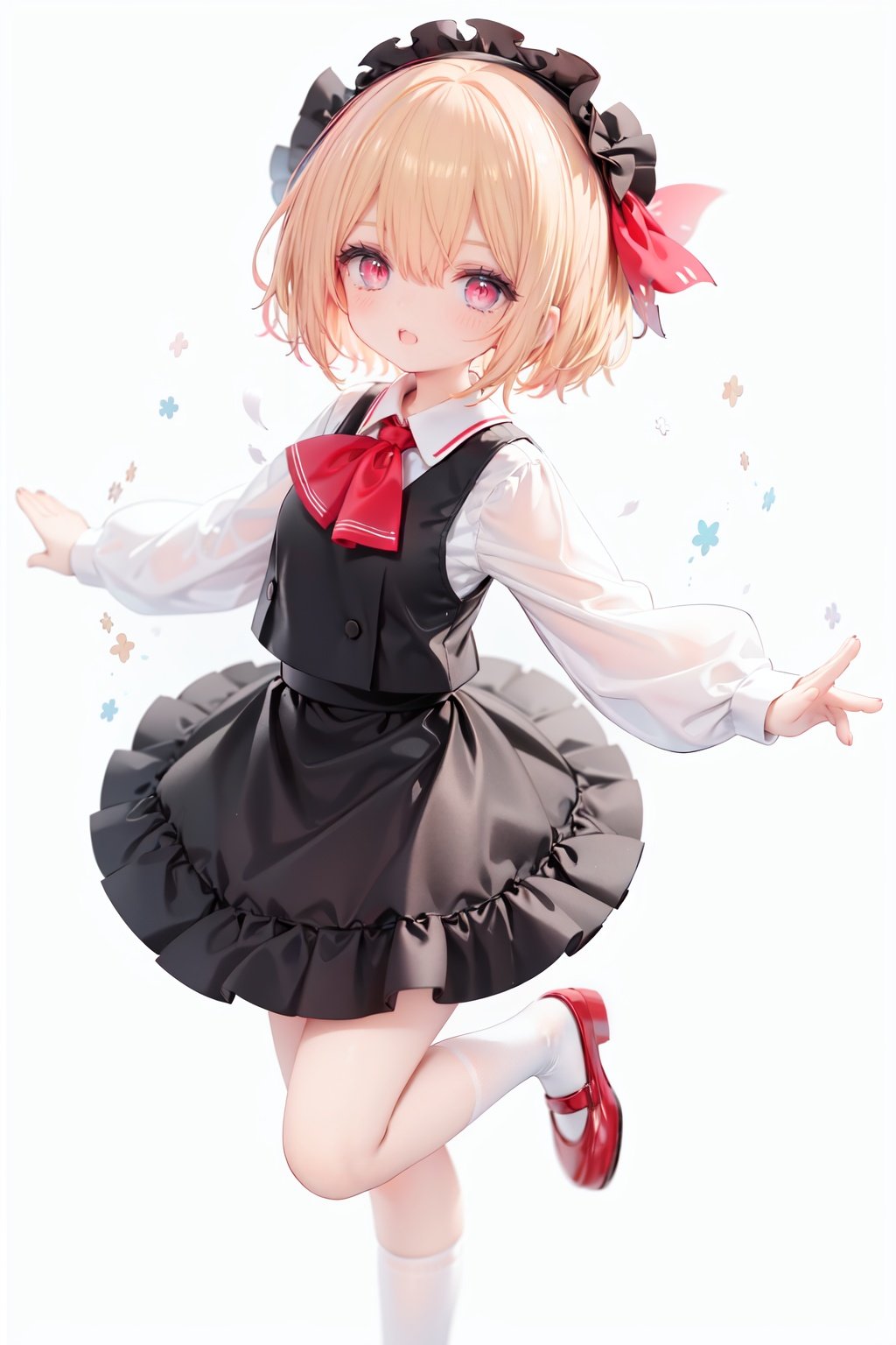  1girl, rumia, blonde hair, solo, white background, red eyes, red footwear, simple background, ascot, short hair, ribbon, open mouth, hair ribbon, smile, long sleeves, shirt, looking at viewer, red ascot, white socks, white shirt, red ribbon, shoes, socks, frills, bangs, outstretched arms, hair between eyes, skirt, :d, dress, vest, mary janes, black dress, black skirt, collared shirt, black vest, blush