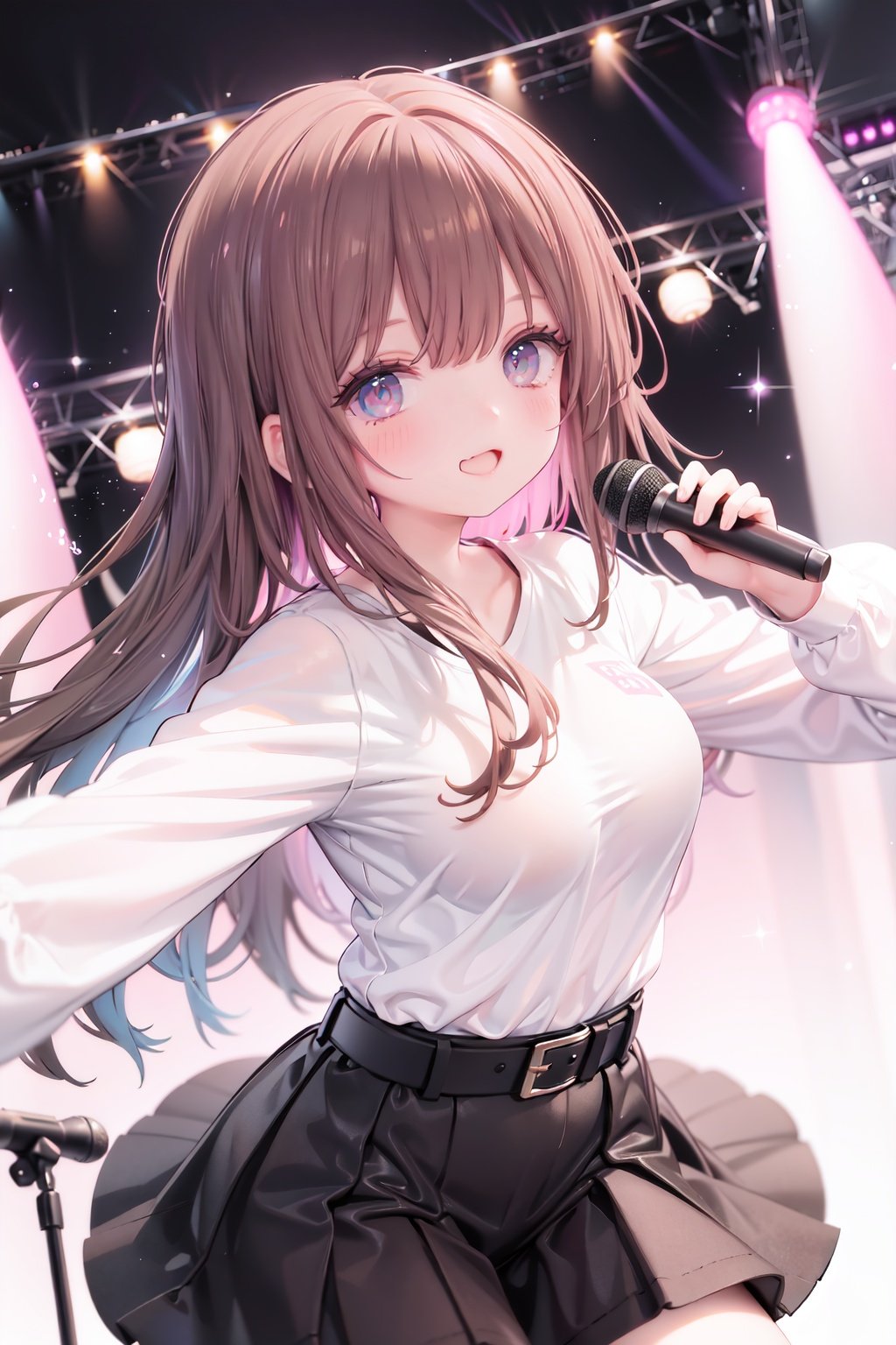  1girl, solo, microphone, smile, skirt, blush, brown eyes, long hair, open mouth, looking at viewer, brown hair, long sleeves, :d, shirt, bangs, belt, breasts, pink shirt, outstretched arm, music, black belt, medium breasts, holding microphone, singing