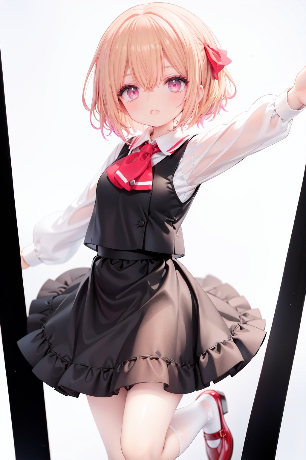  1girl, rumia, blonde hair, solo, white background, red eyes, red footwear, simple background, ascot, short hair, ribbon, open mouth, hair ribbon, smile, long sleeves, shirt, looking at viewer, red ascot, white socks, white shirt, red ribbon, shoes, socks, frills, bangs, outstretched arms, hair between eyes, skirt, :d, dress, vest, mary janes, black dress, black skirt, collared shirt, black vest, blush