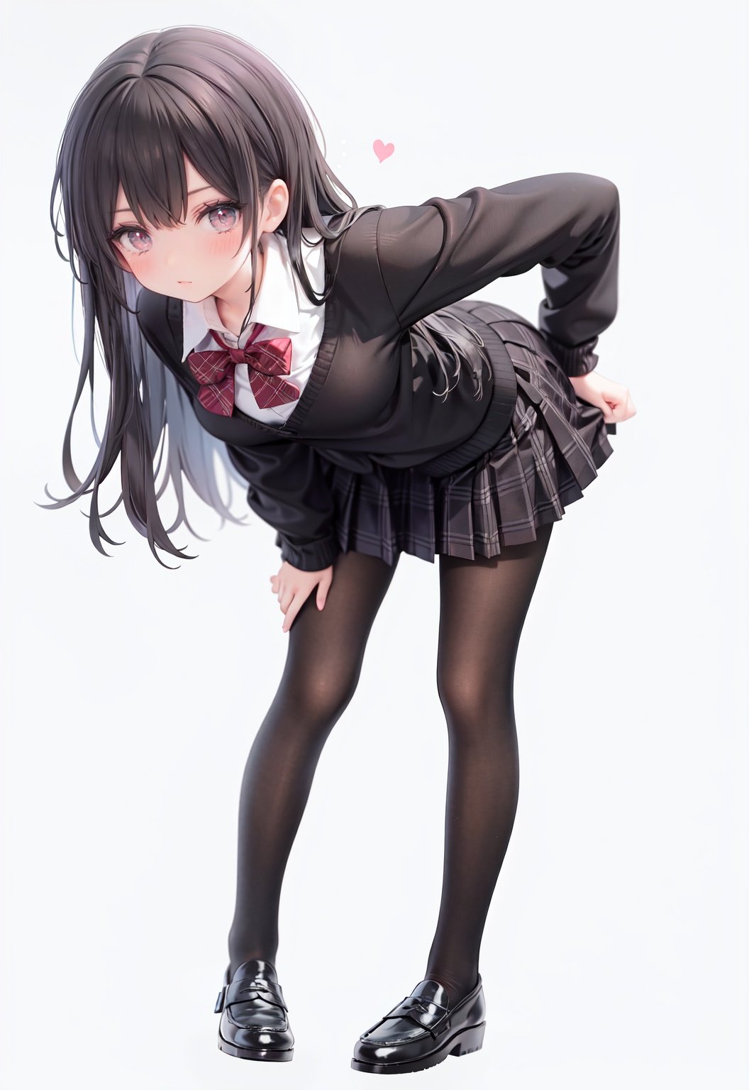  1girl, solo, pantyhose, skirt, long hair, loafers, shoes, simple background, school uniform, brown eyes, plaid, black pantyhose, plaid skirt, looking at viewer, black hair, pantyhose pull, full body, clothes pull, black footwear, pleated skirt, leaning forward, bangs, long sleeves, bent over, cardigan, bow, bowtie, standing, closed mouth, pulled by self, grey background, blush, miniskirt, red bow, sweater, undressing