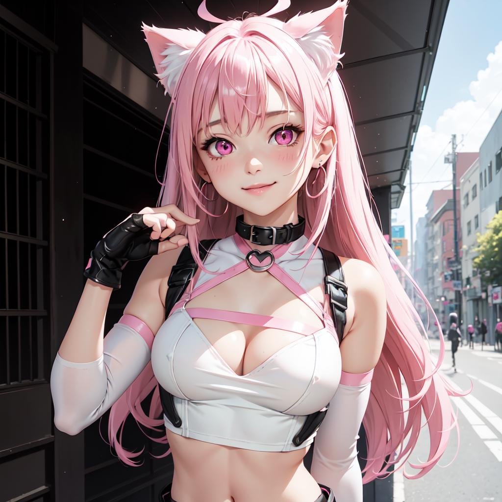 1girl, beautiful cute woman, cat ears, pink hair, long hair, hair bow, glowing pink eyes, collar, pov, blushing, smiling, thick, small breast, scenery, outside, (white croptop with waist belt, black leather shorts))), earrings, ((pink fingerless gloves)), (body and breasts harness))), black boots, logo on fashions, ((portrait)), ((upper body)), ((hands behind back)),