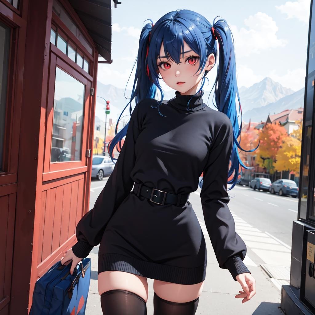 1girl, red eyes, blue hair, twintails, blue sweater dress, (black stockings), black thighhighs, scenery, outside,