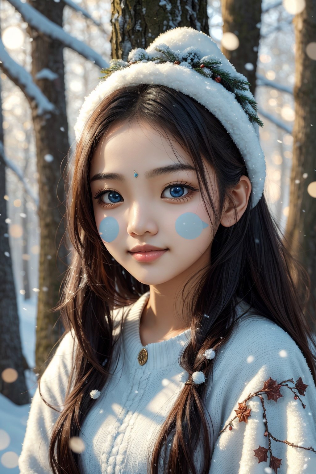 Closed lips, cute smile, asian girl, Portrait, high quality, Ukrainian little girl fairy winter snow in the forest through the trees About 10 years old, blue eyes, smooth skin, ((Best quality, 8k, Masterpiece :1.3)), 1girl, Pretty girl , Casual outfit :1.2, in the forest, Ultra-detailed face, Detailed eyes, Double eyelid,asian girl,indian girl