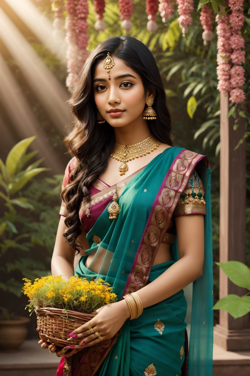 (best quality,4k,8k,highres,masterpiece:1.2),ultra-detailed,(realistic,photorealistic,photo-realistic:1.37), A girl with long black hair and beautiful, expressive eyes, wearing traditional Indian attire, is standing in a lush garden. The garden is filled with vibrant flowers and tall swaying trees. The girl has intricate henna designs on her hands and wearing traditional jewelry. She is gracefully holding a basket filled with colorful flowers. The sunlight filters through the leaves, creating a soft, warm glow. The colors in the painting are vivid and rich, with a warm color tone, emphasizing the vibrant Indian culture. The painting has a surreal and dreamy atmosphere, giving a sense of peace and tranquility. [traditional, vibrant, nature, peaceful, serene, surreal, dreamy, henna designs, traditional jewelry, sunlight filtering through leaves, warm color tone],asian girl